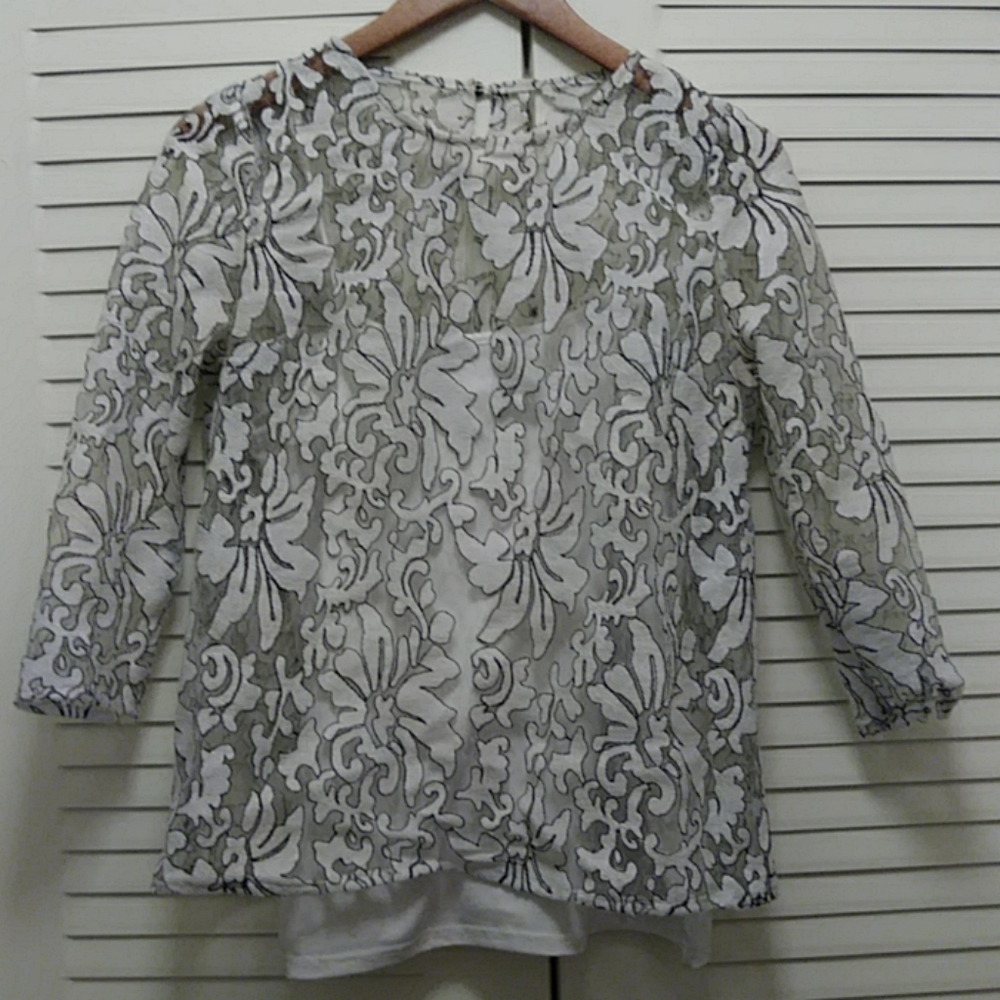 Sheer black and white blouse with white shell